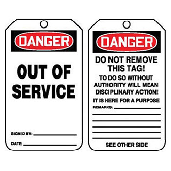 Accuform MDT158CTP Signs 5 7/8" X 3 1/8" Red Black And White PF-Cardstock Two Sided Safety Tag "Danger Out Of Service/D
