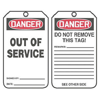 Accuform MDT246CTP Signs 5 7/8" X 3 1/8" Red Black And White PF-Cardstock Two Sided Safety Tag "Danger Out Of Service/D