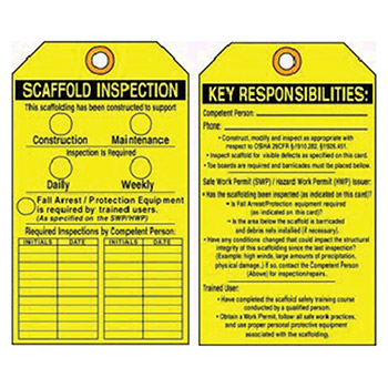 Accuform TRS318CTP Signs 5 5/8" X 3 1/8" Yellow And Black PF-Cardstock Two Sided Scaffold Status Tag "Scaffold Inspection