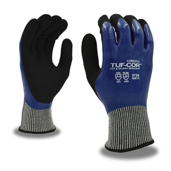 TUF-CORâ„¢, HPPE, A4, Cut & Resistant Gloves, 13-Gauge, Salt & Pepper HHPE/Synthectic Fiber Shell, Two-Ply Nitrile Coating ( Full Blue Inner Nitrile  Layer + Black Sandy Nitrile Palm Outer Layer, Per Pair