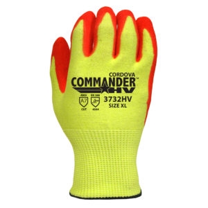 Commander HV 13-Gauge High Visibility, High Performance Polyethylene (HPPE) Steel/Glass fiber Shell, Red Sandy Nitrile Palm Coating Glove, $7.29 Per Pair