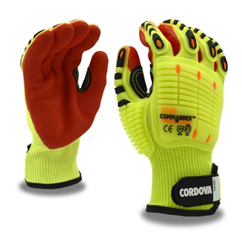 Commander Impact Glove, 13-Gauge, Hi-Vis Yellow HPPE/Steel Glass Fiber Shell, Red Sandy Nitrile Palm Coating, ANSI Cut Level A7, Hook & Loop Closure, Per Pr