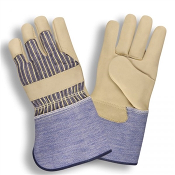 Standard Grain Cowhide Leather Palm Glove, Gunn Cut Pattern, 8 ounce Jersey Lined, Blue/Yellow Striped Canvas Back, 4.5-inch Rubberuzed Gauntlet Cuff, Per Dz