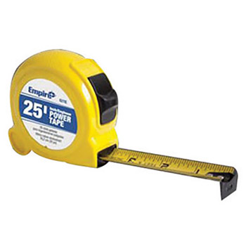 Empire EMP6527POP 1" X 25" Yellow ABS Case Nylon Coated High Carbon Steel Blade Closed Reel Single Side Power Measuring Tape With Inches Reading, Triple Riveted, Reinforced End Hook, Belt Clip And Slide Lock