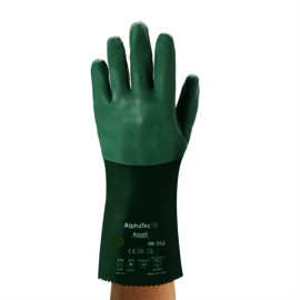 Ansell Green 12" Interlock Knit Lined 15 mil Neoprene Fully Coated Heavy Duty Chemical Resistant Gloves With Rough Finish And Gauntlet Cuff, Per Dz
