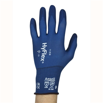 Ansell ANE11-818 HyFlex 18 Gauge Ultra Light Weight Multi-Purpose Navy Nitrile Foam Dipped Palm Coated Work Gloves With Blue Nylon And Spandex Liner And Knit Wrist, Per Dz