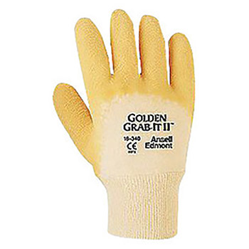 Ansell ANE16-340-10 Size 10 Golden Grab-It II Heavy Duty Multi-Purpose Cut Resistant Yellow Natural Rubber Palm Coated Work Gloves With Jersey Knit Liner And Knit Wrist