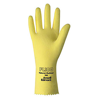 Ansell ANE198-10 Size 10 Lemon Yellow FL100 12" Cotton Flock Lined 17 mil Unsupported Natural Rubber Latex Chemical Resistant Gloves With Fishscale Grip Finish And Pinked Cuff