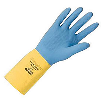 Ansell Size 7 Blue Over Yellow Chemi-Pro 13" Cotton Flock Lined 27 mil Unsupported Neoprene Natural Rubber Latex Heavy Duty Chemical Resistant Gloves With Recessed Diamond Embossed Finish And Pinked Cuff