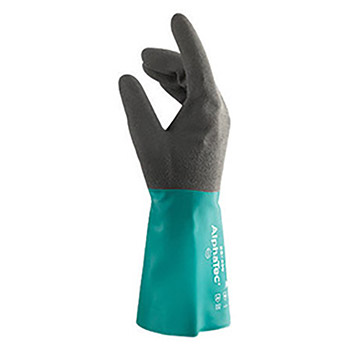 Ansell Size 10 Sea Green AlphaTec 12" Cotton Flock Lined 12-10 mil Nitrile Chemical Resistant Gloves With Ansell Grip Technology Finish And Gauntlet Cuff