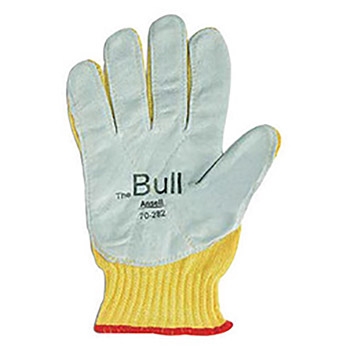 Ansell Yellow And Gray The Bull Heavy Duty Cut Resistant Gloves With Knit Wrist, Kevlar Lined, Leather Pad Coating And Reinforced Leather Thumb Crotch