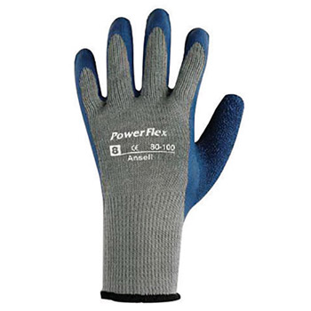 Ansell ANE80-100-10 Size 10 PowerFlex Heavy Duty Multi-Purpose Cut And Abrasion Resistant Blue Natural Rubber Latex Palm Coated Work Gloves With Gray Seamless Cotton And Polyester Knit Liner And Knit Wrist