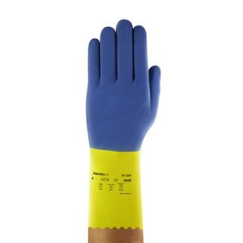 Ansell Size 10 Blue Over Yellow AlphaTec 13" Cotton Flock Lined 27 mil Unsupported Neoprene Natural Rubber Latex Heavy Duty Chemical Resistant Gloves With Diamond Embossed Finish And Pinked Cuff Chemi-Pro, Per 72 Pairs