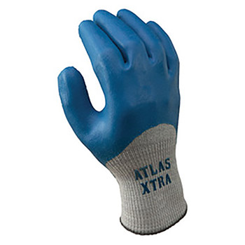 Showa Best Glove B13305L-09 Size 9 Atlas XTRA 305 10 Gauge Light Weight General Purpose Abrasion Resistant Blue Natural Latex Palm And Knuckle Coated Work Gloves With Light Gray Seamless Cotton And Polyester Knit Liner And Elastic Knit Wrist