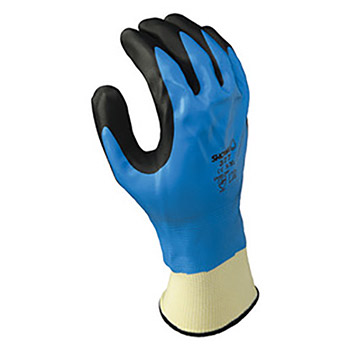 Showa Best Glove B13377L-08 Size 8 Foam Grip 377 13 Gauge Oil And Chemical Resistant Black And Blue Nitrile Foam Fully Dipped Palm Coated Work Gloves With White Polyester And Nylon Liner And Elastic Knit Wrist