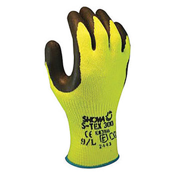 Showa Best Glove B13STEX300L-09 Size 9 S-TEX 300 10 Gauge Cut Resistant Black Natural Rubber Palm Coated Work Gloves With Hi-Viz Yellow Seamless Hagane Coil Liner And Knit Wrist