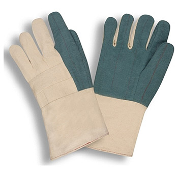 Cordova 2525G Heavy Weight Hot Mill Work Gloves, 3-Ply Burlap Lined Green Quilted Palm, Knuckle Strap, Band Top, Gauntlet - Dozen
