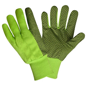 Cordova 2715 High-Viz Lime Green and Black PVC Dotted, Canvas Cotton Chore Work Gloves, Clute Cut, Knit Wrist, Ladies' Size - Dozen