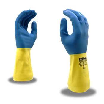 Unsupported Neoprene On Latex, Blue/Yellow, Flock-Lined, Straight Cuff, 28-mil, Per Dz