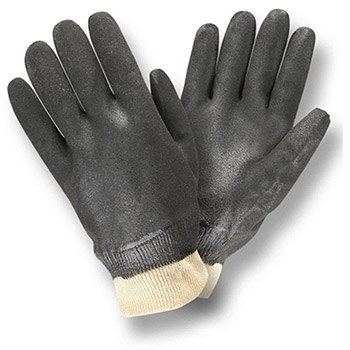 Cordova 5100SJ Black Double Dipped PVC Gloves, Jersey cotton lining, Etched Finish, Knit Wrist, Sandpaper Finish - Dozen