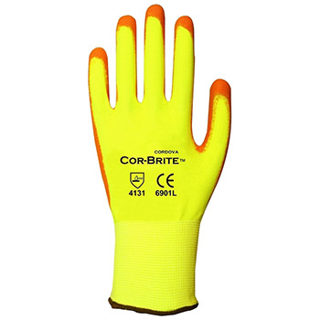 Cordova 6901 Cor-Brite Hi Vis Yellow Glove, Hi Vis Orange PU Palm Coating, 13-gauge Yellow Polyester Shell - Dozen