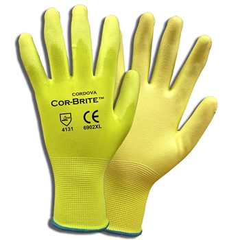 Cordova 6902 Cor-Brite Hi Vis Yellow Glove, Yellow PU Palm Coating, 13-Gauge Polyester Shell - Dozen