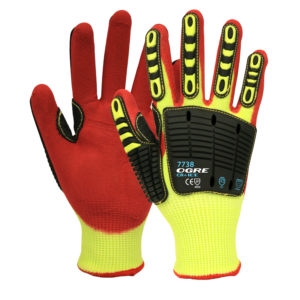 OGRE-CR+ ICE Two-Ply Shell Activity/Mechanics Gloves, Two-Ply, 13-Gauge, Hi-Vis Yellow HPPE/Glass Fiber Shell, Brushed Acrylic Inner, Red Sandy Nitrile Palm Coating, Aramid Reinforced Thumb Crotch, TPR Fingers & Back of Hand and Hammer Guard, Cut Level 5,