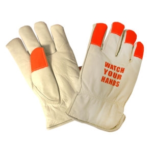 Premium Grain Cowhide Driver Glove, Thinsulate Lined, Shirred Elastic Back, Hi-Vis Orange Fabric Finger Tips, Keystone Thumb, "WATCH YOUR HANDS" Logo on Back of Hand, $98.34 Per Dz