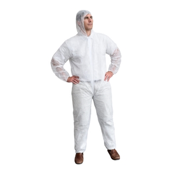 Economy White Polypropylene Coverall With Hood, Collar With Zip Front, Elastic At Hood, Wrists & Ankles - 1 Case