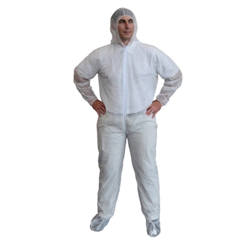 Economy White Polypropylene Coverall With Hood & Boots, Collar With Zip Front, Elastic At Hood & Boots, Wrists & Ankles - 1 Case