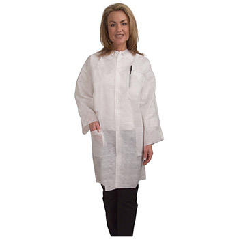 Heavy Weight White Polypropylene Lab Coat, Collar & Snap Button Front, 1 Chest Pocket & 2 Waist Pockets, Open Cuff - 1 Case