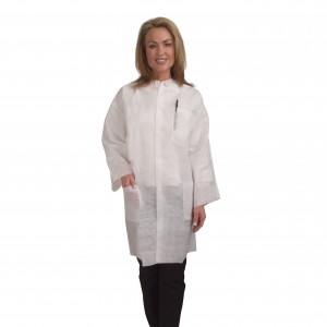 Heavy Weight White Polypropylene Lab Coat, Collar & Snap Button Front, 1 Chest Pocket & 2 Waist Pockets, Elastic At Wrists - 1 Case
