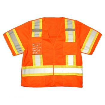 Five-Point Breakaway Vest, Type R, Class 3, Orange Mesh Self-Extinguishing Fabric, Hook & Loop Closure, Two-Tone Contrasting Tape, Clear Badge Holder, Dual Mic Tabs, Two Outside Chest, Per Ea