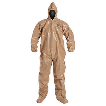 DuPont Large Tan Tychem CPF3 Coverall Small With Taped Seams Front Zipper Closure Elastic Wrists And Face And Attachement