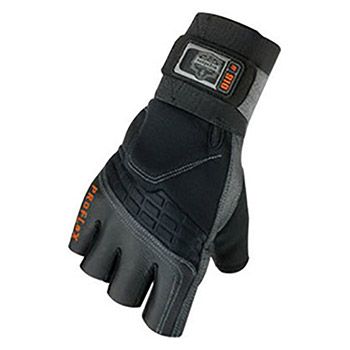 Ergodyne Small Black ProFlex 910 Half Finger Spandex And Pigskin Impact Protection Anti-Vibration Gloves With Woven Elastic Cuff, Polymer Palm Pad, Low Profile Closure, Neoprene Knuckle Pad And Wrist Support