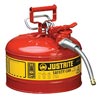 Justrite JTR7225120 2 1/2 Gallon Red AccuFlow Galvanized Steel Type II Vented Safety Can With Stainless Steel Flame Arrester And 5/8" Metal Hose