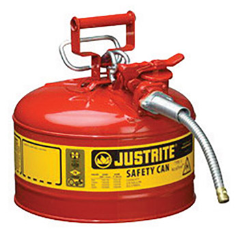 Justrite JTR7225120 2 1/2 Gallon Red AccuFlow Galvanized Steel Type II Vented Safety Can With Stainless Steel Flame Arrester And 5/8