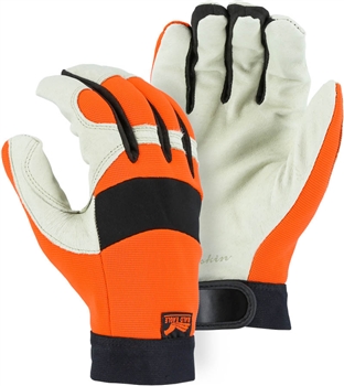 Bald Eagle Mechanics Glove, Pigskin Palm and High Visibility Stretch Knit Back, Velcro Closure, Neoprene Knuckle, Per Dz