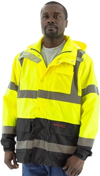 Majestic High-Vis Yellow/Black Waterproof Parka with Multiple Layering Options, ANSI 3, R, 100% Polyester PU Coated Oxford Fabric, 2" Reflective Stripes, Zipper Storm Flap, Heavy Duty Snaps, HarnessD Ring Pass Through, Storm Flap, Vented Mesh Back, Per Ea