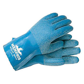 Memphis 10'' Length Large Blue Grit Cut Resistant Aqua Blue Rubber Dipped And Full Back Coated Work Gloves With Interlock Cotton Liner And Gauntlet Cuff