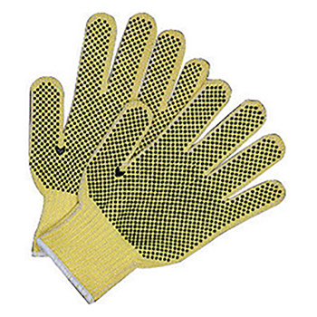 Memphis Glove Large Brown And Yellow Plaited Dotted Style 7 gauge Regular Weight Kevlar And Cotton Cut Resistant Gloves With Knit Wrist, PVC Dots On Both Sides Coating
