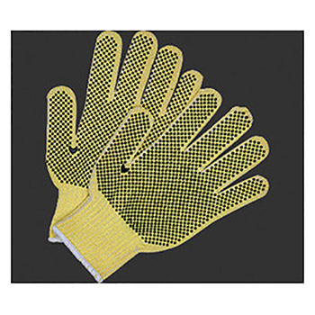 Memphis Glove X-Small Brown And Yellow Plaited Dotted Style 7 gauge Economy Weight Kevlar And Cotton Cut Resistant Gloves With Knit Wrist, PVC Dots On Both Sides Coating