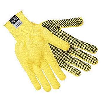 Memphis Glove Large Yellow And Brown Dotted Honeycomb Dotted Style 7 gauge Regular Weight Kevlar Fiber High Performance Cut Resistant Gloves With Knit Wrist And PVC Dots On One Side Coating