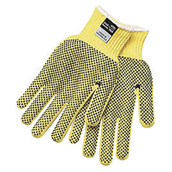 Memphis Glove Large Brown And Yellow Dotted Honeycomb Dotted Style 7 gauge Regular Weight Kevlar Fiber High Performance Cut Resistant Gloves With Knit Wrist And PVC Dots On Two Sides Coating