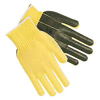 Memphis Glove X-Small Brown And Yellow Plaited Dotted Style 7 gauge Regular Weight Kevlar And Cotton Cut Resistant Gloves With Knit Wrist, PVC Dots On Both Sides Coating