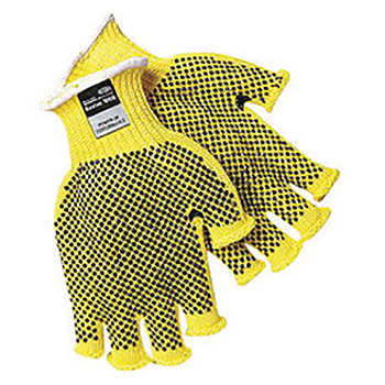 Memphis Glove Large Brown And Yellow Dotted Honeycomb Dotted Fingerless Style 7 gauge Regular Weight Kevlar Fiber High Performance Cut Resistant Gloves With Knit Wrist And PVC Dots On Two Sides Coating