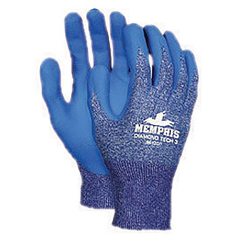 Memphis Large Diamond Tech 3 13 Gauge Cut Resistant Blue Bi-Polymer Dipped Palm And Fingertip Coated Work Gloves With Seamless Dyneema Liner And Knit Wrist
