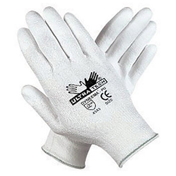 Memphis MEG9677M Medium UltraTech 13 Gauge Cut Resistant White Polyurethane Dipped Palm And Finger Coated Work Gloves With Dyneema Liner And Knit Wrist
