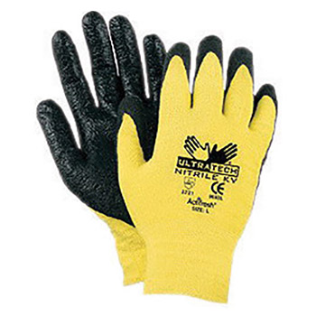 Memphis MEG9693L Large UltraTech 13 Gauge Cut Resistant Black Nitrile Dipped Palm And Finger Coated Work Gloves With Seamless Kevlar Liner And Knit Wrist