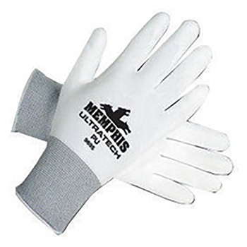 Memphis Large UltraTech 13 Gauge Cut And Abrasion Resistant White Polyurethane Dipped Palm And Finger Coated Work Gloves With Nylon Liner And Knit Wrist